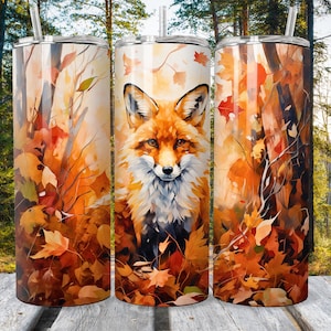 Fox in Autumn Leaves: Tumbler Wrap - Digital Download, PNG, Skinny Tumbler Sublimation, PNG Digital Download, Tumbler PNG Wrap