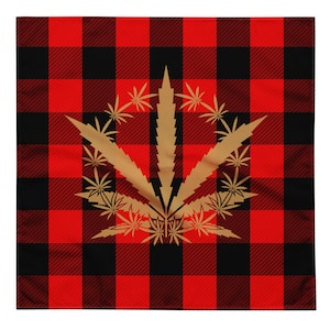 May include: A red and black buffalo plaid pattern with a gold marijuana leaf design in the center.