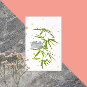 Tarjeta de felicitación de marihuana, divertidos tortolitos de pareja de fumetas, tarjeta de boda de marihuana, tarjeta de planta de cannabis, tarjeta de bienvenida para fumetas, tarjeta de cabeza de marihuana