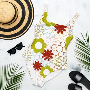 Retro Flowered One-Piece Swimsuit. Cute One Peice Swimming Suit. Cute Vintage Like Daisy Pattern. Matching Mommy and Me Swimwear. Fall Color