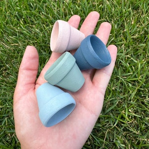 May include: Five small terracotta pots in various shades of blue and pink. The pots are arranged in a hand, with the pink pot at the top and the blue pots at the bottom.