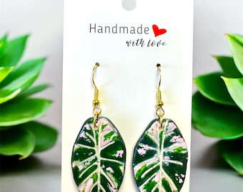Handmade Alocasia Leaf Earrings: Painted Clay Plant Jewelry