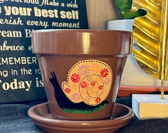 Hand-Painted Snail Terracotta Pot: Dot Art Planter, Customizable
