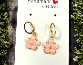 Handcrafted Cherry Blossom Huggie Dangle Earrings