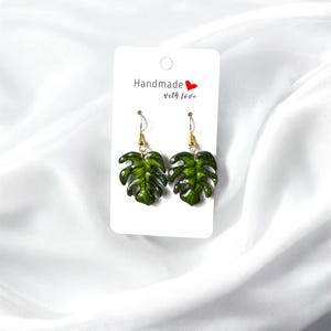 Handmade Painted Monstera Leaf Earrings: Sterling Silver Plant Jewelry