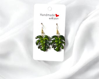 Handmade Painted Monstera Leaf Earrings: Sterling Silver Plant Jewelry