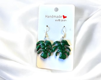 Handmade Monstera Leaf Earrings: Painted Clay, Sterling Silver Hooks
