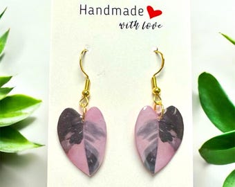 Handmade Pink Princess Philodendron Leaf Earrings: Sterling Silver Plant Jewelry