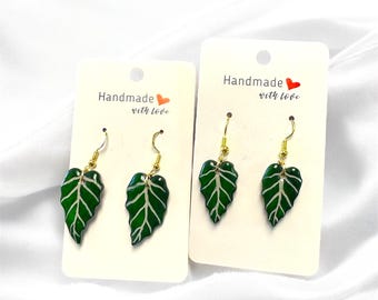 Handmade Painted Alocasia Leaf Earrings: Sterling Silver Plant Jewelry