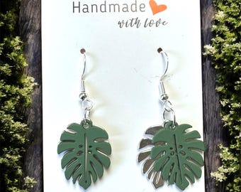 Handcrafted Monstera Earrings: Green & Silver Dangle Charms