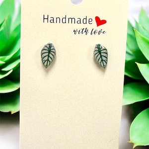Handmade Silver Dragon Alocasia Leaf Stud Earrings: Plant Lover Gift