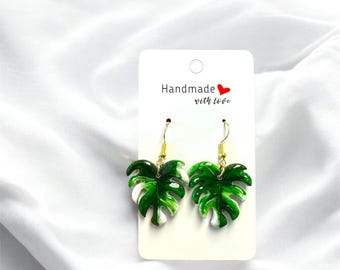 Handmade Monstera Albo Leaf Earrings: Painted Clay Plant Jewelry