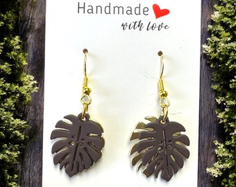 Handmade Monstera Earrings: Brown & Gold Dangle Earrings