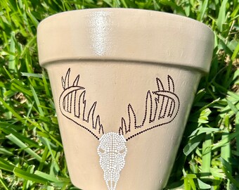 Hand-Painted Deer Skull Terracotta Plant Pot: Dot Art