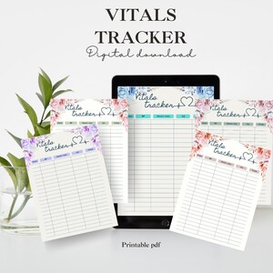 Puede incluir: Una descarga digital de un Vitals Tracker con detalles florales. El diseño incluye espacio para registrar la presión arterial, la frecuencia cardíaca, O2 y la temperatura. Las palabras "VITALS TRACKER" y "Digital download" están en la parte superior. La frase "Printable pdf" está en la parte inferior.