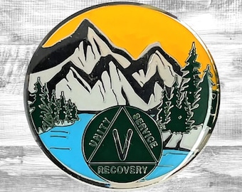 Médaillon Pièce de récupération anniversaire AA Mountain | Cadeaux de rétablissement pour les Alcooliques anonymes | Jeton d'anniversaire des AA | Programme en 12 étapes