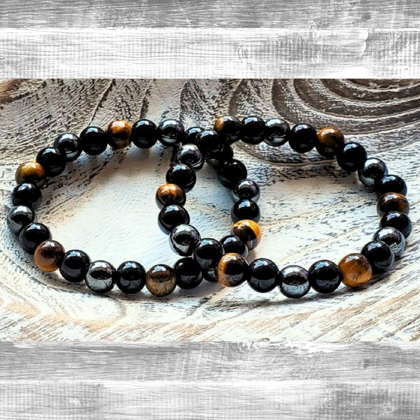 Triple Protection Gemstone Beaded Bracelet Tiger's Eye Bracelet Black Obsidia Beaded Jewelry Hematite Bracelet Recovery Jewelry Gifts