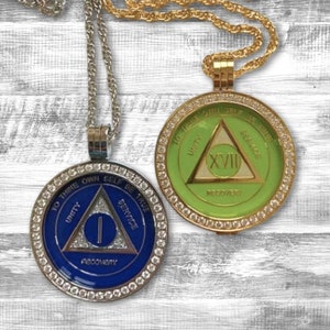 Crystal Bezel Medallion Holder Necklace: AA NA Sobriety Gift