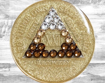 Médaillon pour pièce de transition en or scintillant en cristal anniversaire des AA | Alcooliques anonymes | Jetons d'anniversaire | Cadeaux du programme en 12 étapes