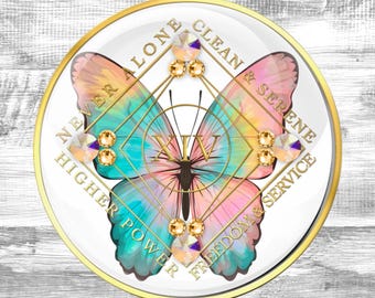 Médaillon papillon NA Clean Time avec cristaux d'or et AB : jeton de sobriété de Narcotiques Anonymes