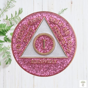 AA Birthday Coin Glitter Pink Tri-Plate Medallion | Alcoholics Anonymous Recovery Chip | AA Birthday Token Sobriety Gifts