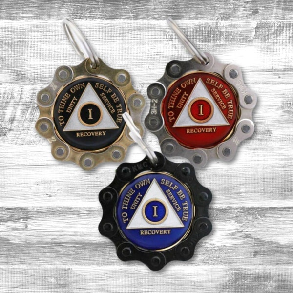 Bike Chain Medallion Coin Holder | AA Coin Keychain | NA Key Chain | Medallion Key Fob | 12 Step Program Sobriety Gifts