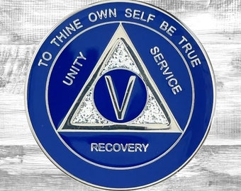 Médaillon pièce d'anniversaire en argent scintillant bleu et argent AA | Alcooliques anonymes | Jetons de récupération | Cadeaux de sobriété