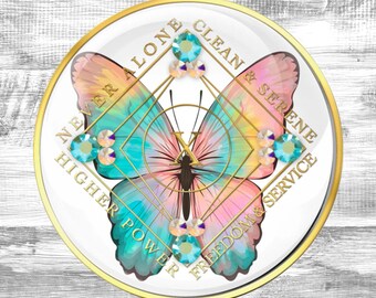 Médaillon papillon NA Clean Time avec cristaux de péridot : jeton de sobriété de Narcotiques Anonymes