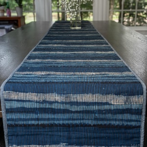 Puede incluir: Un camino de mesa a rayas azules y blancas. El camino de mesa está hecho de tela y tiene un patrón de líneas verticales en diferentes tonos de azul y blanco. Se coloca sobre una mesa de madera oscura.