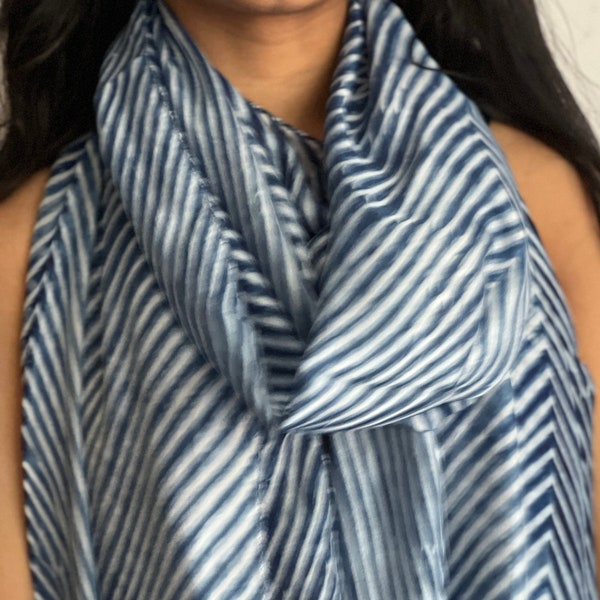 The Charlotte - Arashi Shibori Silk Scarf in Indigo