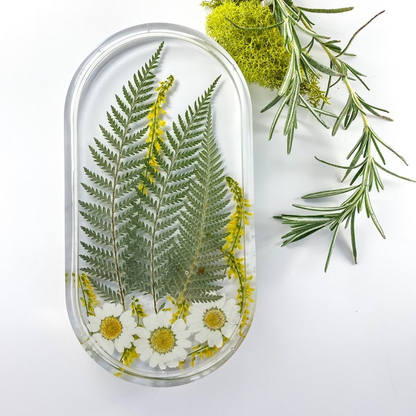 Oval resin pill tray with real pressed ferns and white daisies, plate, trinket dish, jewelry catchall, soap holder, gifts under 30 dollars