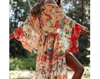 Gorgeous Vintage Floral Print Kimono Beach Boho Cover Up