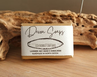 Handmade, natural soap bars. Scented with lavender, may chang, and sandalwood essential oils. Made in North Devon. Handmade vegan soap bars.