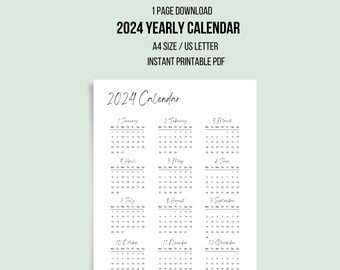 Printable 2024 Yearly Calendar, 2024 Year at a Glance, PDF Download