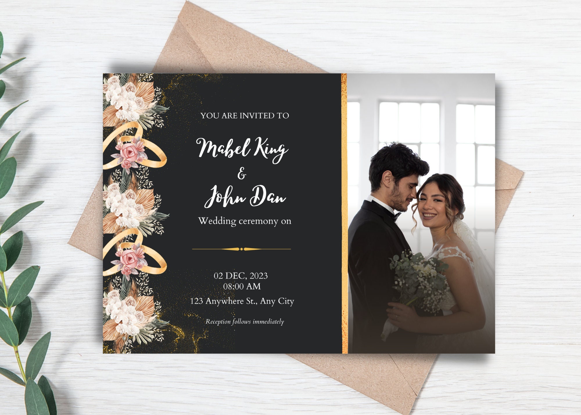 Photo Wedding Invitation, Wedding Invitation Template, Black and Gold  Wedding Invitation, Editable Wedding Invite, Wedding invite with photo, image size:2000x1429