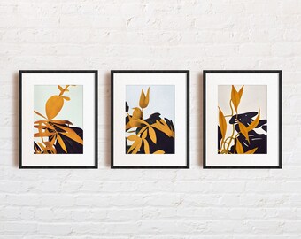 Set of 3 Botanical Prints, Green Leaf Wall Art, Boho Gallery Decor, Printable Download