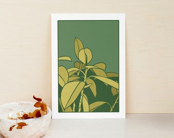 Rubber Plant Print, House Plant Wall Art, Ficus Elastica Botanical Poster, Printable Download