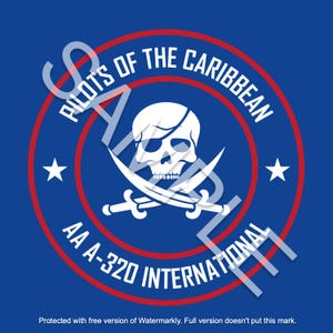 May include: A blue and red circular logo with a white skull and crossbones, the text "PILOTS OF THE CARIBBEAN" and "AA A-320 INTERNATIONAL".