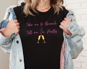 Llévame a brunch y dime que soy bonita, Camisas de brunch, Día de Galentines, Camisas de despedida de soltera, Mimosas, Champán y Fresas