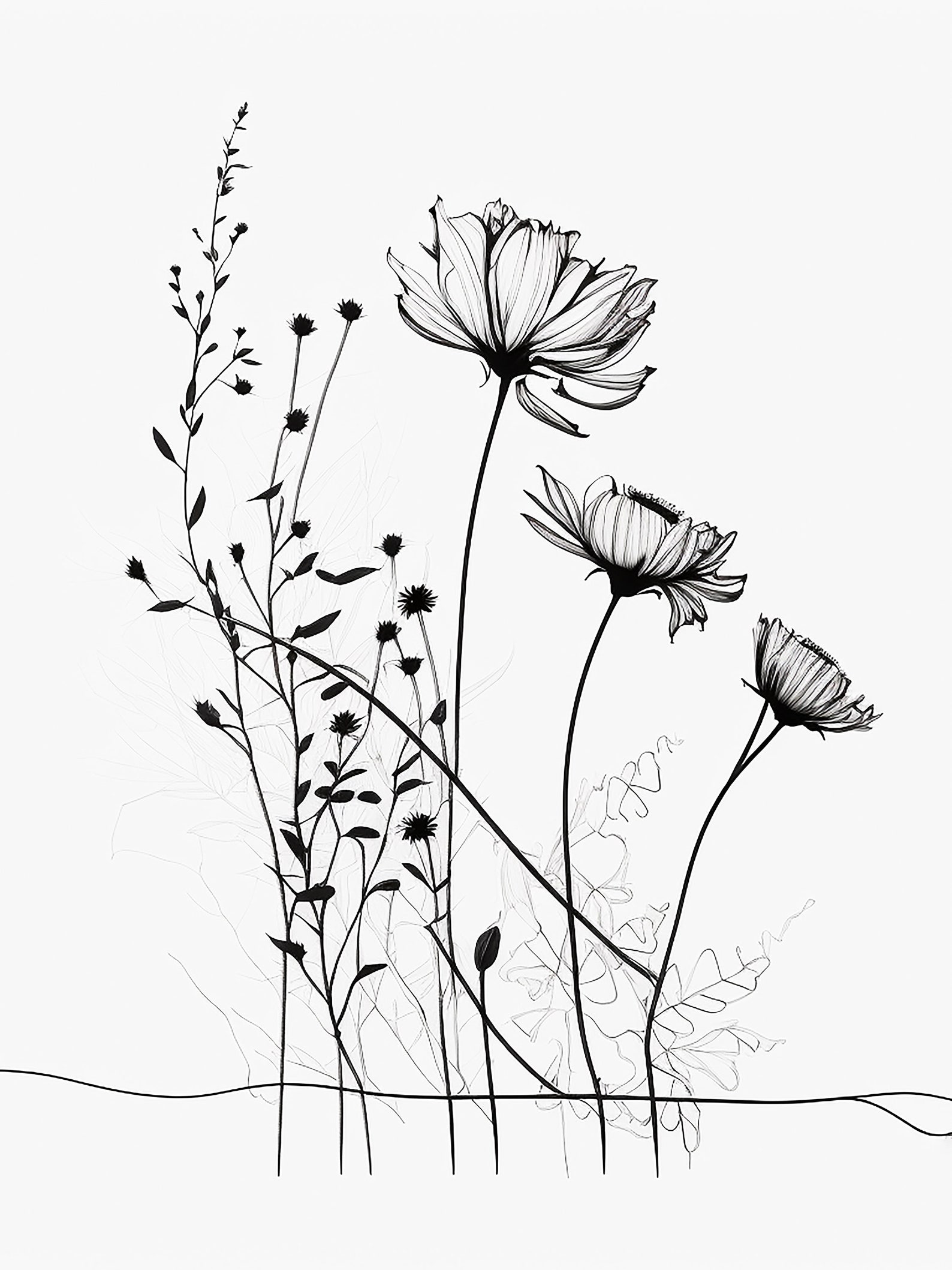 Black and White Flowers Printable Botanicals in Black and White Wall ...