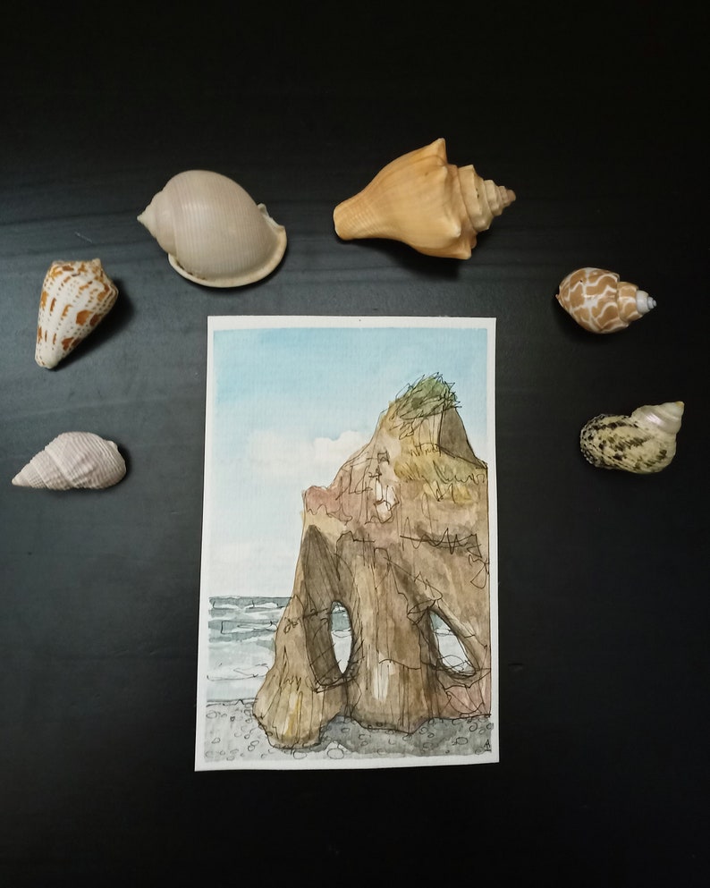 May include: Watercolour painting of a rocky cliff with a cave opening, set against a blue sky and ocean. The painting is framed and surrounded by seashells.
