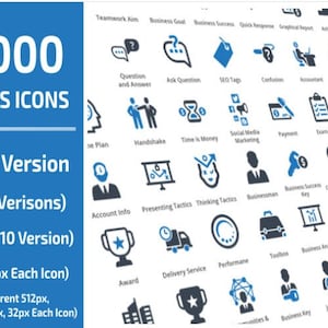 Puede incluir: Un gráfico azul y blanco con el texto "+10000 BUSINESS ICONS" y el texto "11 Colors Version" en un cuadro azul. El gráfico también incluye el texto "Al Files(Cs Verisons)", "EPS File(Eps10 Version)", "SVG Files(512px Each Icon)", y "PNG Files(Transparent 512px, 256px, 128px, 64px, 32px Each Icon)".