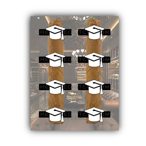 May include: Two brown cigars with a graduation cap logo on each. The cigars are in front of a blurred background of a wine cellar.