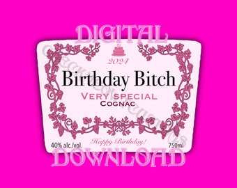 カスタムピンクのバースデーコニャックラベル（デジタル）、誕生日プレゼント、印刷可能、デジタルダウンロード、酒ラベル、パーティーの記念品、コニャックギフト、ボトルラベル