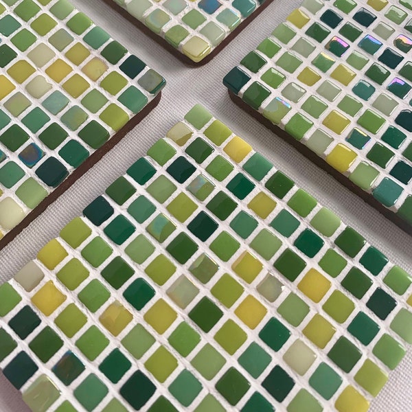 Meadow ~ Set of 2 Glass Tile Coasters | Green & Yellow Mix Drink Coasters | Handmade Square Coasters