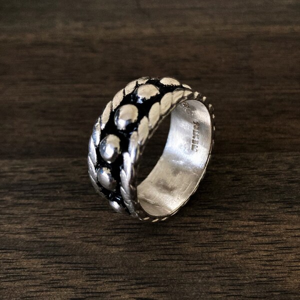 Taxco Mexico TE-47 Brutalist Style 925 Sterling Silver Ball Rope Design Band Ring Size 12 Solid 10.8 grams