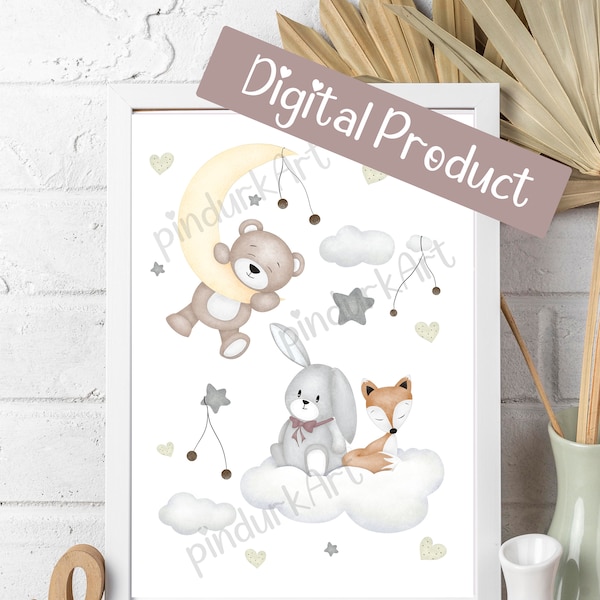 Cloudy Friends,Digital Product, Digitally drawn posters made for kids,baby decor, nursery, baby bedroom, babyshower giftideas