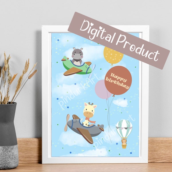 HappyBirthday Flying,Digital Product,Digitally drawn posters made for kids,birthday gift card,baby animlal prints, baby decoration