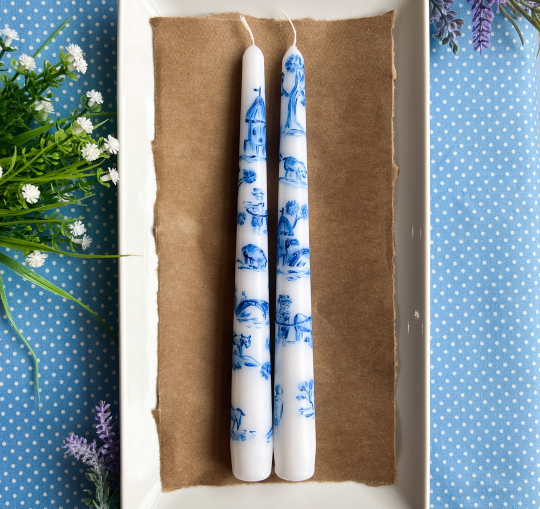 Set of 2 Blue French Toile Taper Candles; Handmade Gift, Housewarming Gift, Wedding Gift, Mother ...
