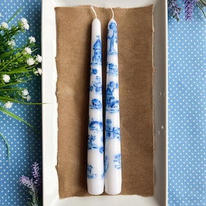 Set of 2 French Toile Taper Candles; Handmade Gift, Housewarming Gift, Wedding Gift